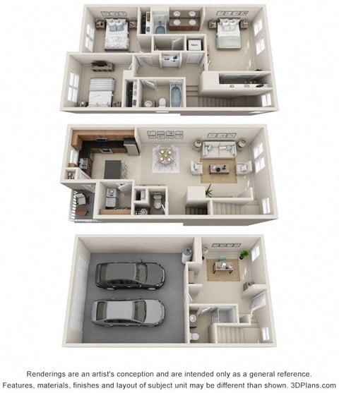 Floor plan for 3 beds, 3.5 baths, 1732 sqft